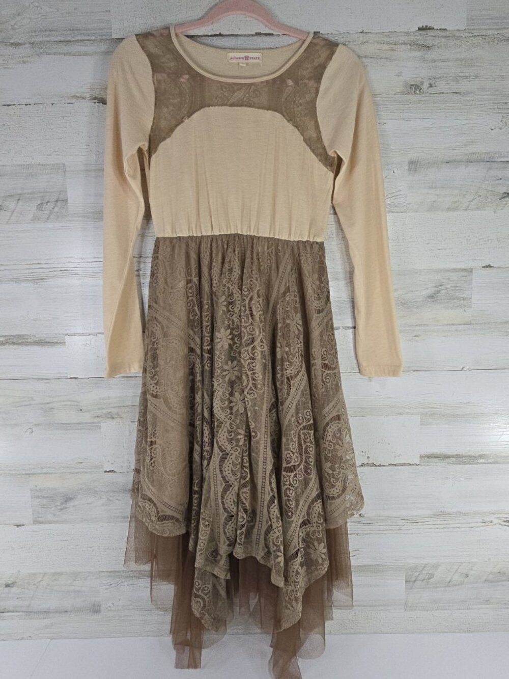 Altar’d State Fairycore Long Sleeve Brown Neutral Tulle Lace Dress Women’s SMALL